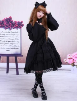 Cotton Black Lolita OP Dress Long Sleeves Lace Trim