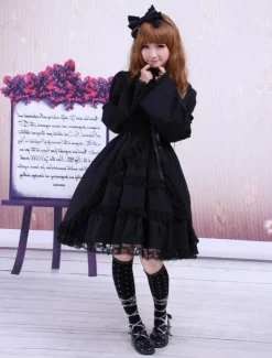 Cotton Black Lolita OP Dress Long Sleeves Lace Trim