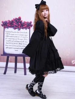 Cotton Black Lolita OP Dress Long Sleeves Lace Trim