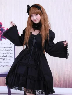 Cotton Black Lolita OP Dress Long Sleeves Lace Trim