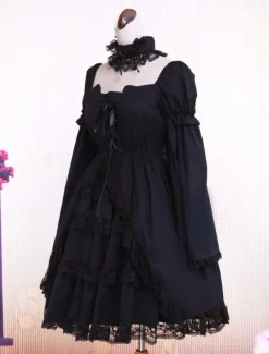 Cotton Black Lolita OP Dress Long Sleeves Lace Trim