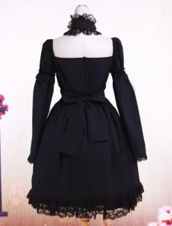 Cotton Black Lolita OP Dress Long Sleeves Lace Trim