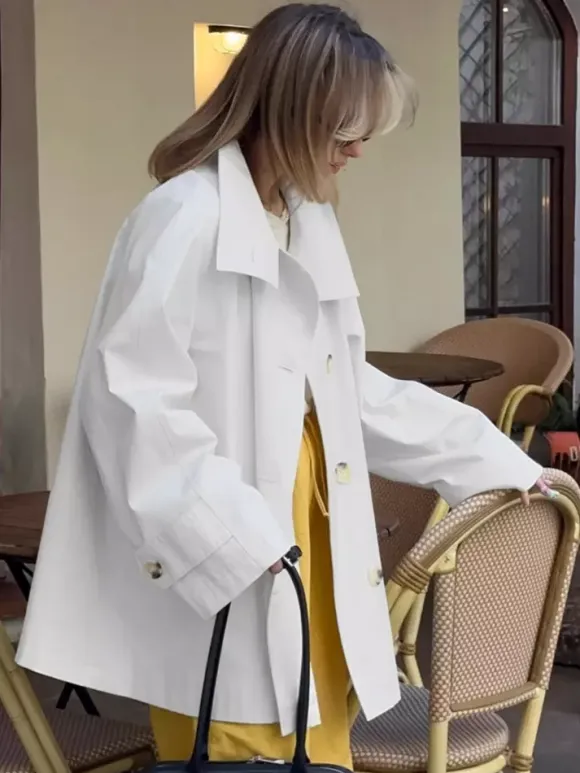 Cotton Blend Women's Trench Jacket - Minimalist Double Breasted Wide Sleeve Oversized Fit - Spring Casual Streetwear 2026