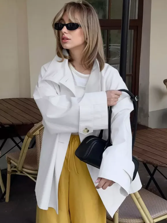 Cotton Blend Women's Trench Jacket - Minimalist Double Breasted Wide Sleeve Oversized Fit - Spring Casual Streetwear 2026