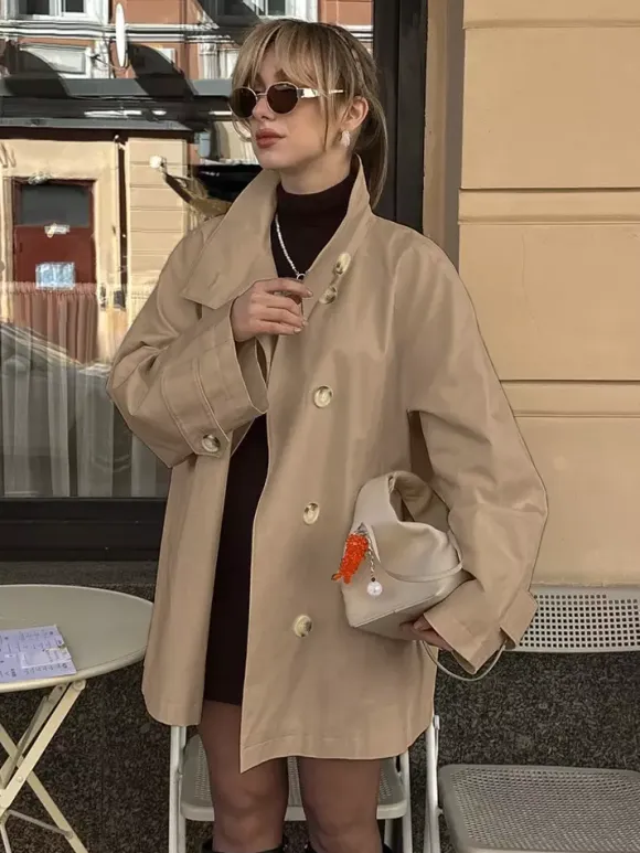 Cotton Blend Women's Trench Jacket - Minimalist Double Breasted Wide Sleeve Oversized Fit - Spring Casual Streetwear 2026