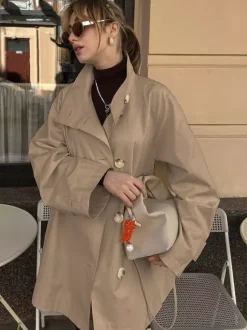 Cotton Blend Women's Trench Jacket - Minimalist Double Breasted Wide Sleeve Oversized Fit - Spring Casual Streetwear 2026