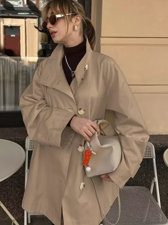 Cotton Blend Women's Trench Jacket - Minimalist Double Breasted Wide Sleeve Oversized Fit - Spring Casual Streetwear 2026