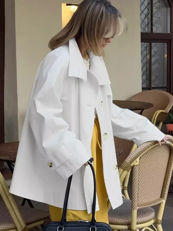 Cotton Blend Women's Trench Jacket - Minimalist Double Breasted Wide Sleeve Oversized Fit - Spring Casual Streetwear 2026