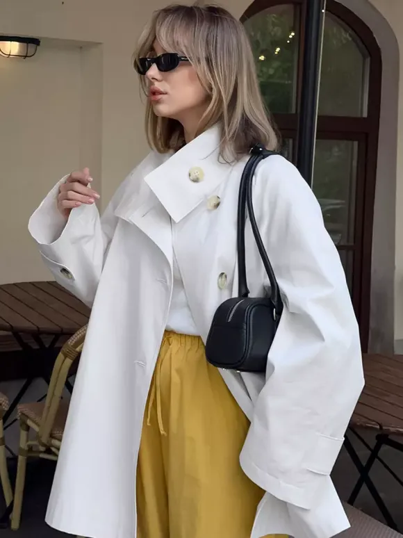 Cotton Blend Women's Trench Jacket - Minimalist Double Breasted Wide Sleeve Oversized Fit - Spring Casual Streetwear 2026