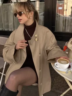 Cotton Blend Women's Trench Jacket - Minimalist Double Breasted Wide Sleeve Oversized Fit - Spring Casual Streetwear 2026