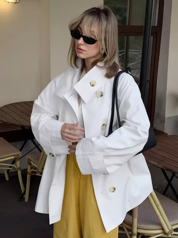 Cotton Blend Women's Trench Jacket - Minimalist Double Breasted Wide Sleeve Oversized Fit - Spring Casual Streetwear 2026