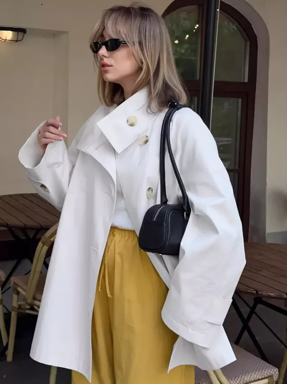 Cotton Blend Women's Trench Jacket - Minimalist Double Breasted Wide Sleeve Oversized Fit - Spring Casual Streetwear 2026