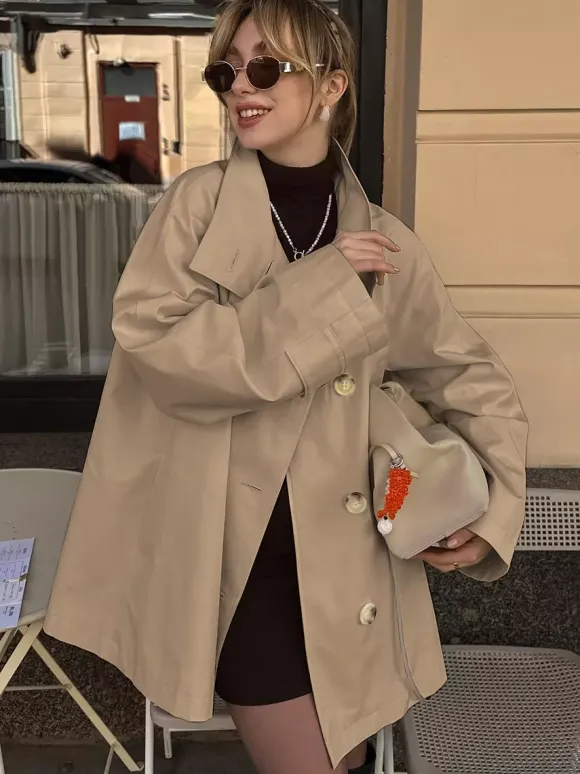 Cotton Blend Women's Trench Jacket - Minimalist Double Breasted Wide Sleeve Oversized Fit - Spring Casual Streetwear 2026