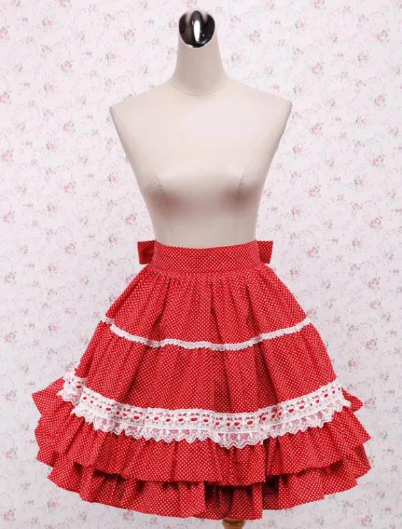 Cotton Red Lace Ruffles Bow Lolita Skirt