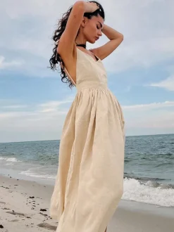 100% Cotton Backless Maxi Slip Dress for Women - Boho Tie Shoulder V Neck A-Line Sun Dress - Summer Beach Holiday 2026