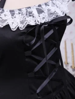 Cotton Black Lolita OP Dress Short Sleeves with Lace up and White Lace Trim
