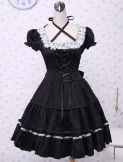 Cotton Black Lolita OP Dress Short Sleeves with Lace up and White Lace Trim