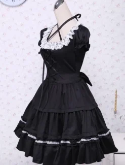 Cotton Black Lolita OP Dress Short Sleeves with Lace up and White Lace Trim