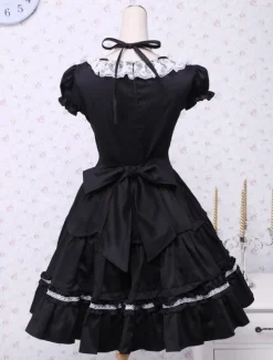 Cotton Black Lolita OP Dress Short Sleeves with Lace up and White Lace Trim
