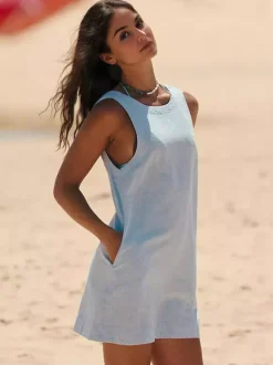 Cotton Mini Shift Dress for Women - Casual Scoop Neck Backless Sleeveless Tunic Shift Dress with Pockets - Summer Beach 2026