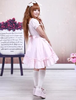Cotton Pink Lace Short Sleeves Cosplay Lolita Dress