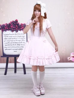 Cotton Pink Lace Short Sleeves Cosplay Lolita Dress