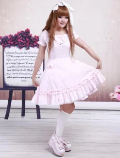 Cotton Pink Lace Short Sleeves Cosplay Lolita Dress