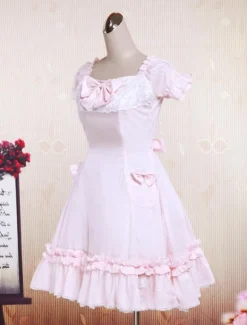 Cotton Pink Lace Short Sleeves Cosplay Lolita Dress