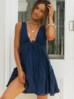 Cotton Sleeveless Babydoll Dress for Women - Boho V Neck Backless A-line Mini Sun Dress - Summer Beach Vacation 2026