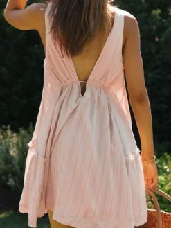 Cotton Sleeveless Babydoll Dress for Women - Boho V Neck Backless A-line Mini Sun Dress - Summer Beach Vacation 2026