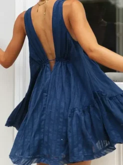 Cotton Sleeveless Babydoll Dress for Women - Boho V Neck Backless A-line Mini Sun Dress - Summer Beach Vacation 2026