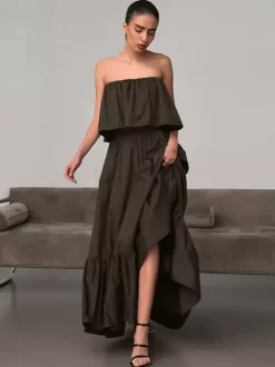 100% Cotton Strapless Women's Maxi Dress In Earth Tones - Sexy Tube Top Ruffle Sundress - Boho Beach Vacation Long Dress 2026