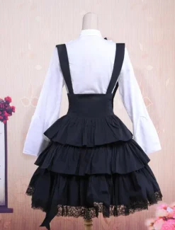 Cotton White Long Sleeves Blouse And Black Ruffles Lolita Skirt Outfit