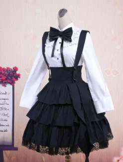 Cotton White Long Sleeves Blouse And Black Ruffles Lolita Skirt Outfit