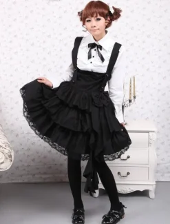 Cotton White Long Sleeves Blouse And Black Ruffles Lolita Skirt Outfit