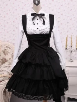 Cotton White Long Sleeves Blouse And Black Ruffles Lolita Skirt Outfit