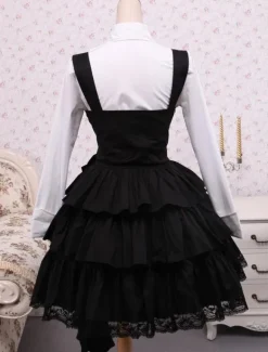 Cotton White Long Sleeves Blouse And Black Ruffles Lolita Skirt Outfit