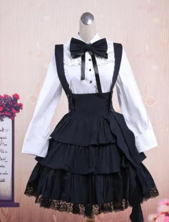 Cotton White Long Sleeves Blouse And Black Ruffles Lolita Skirt Outfit