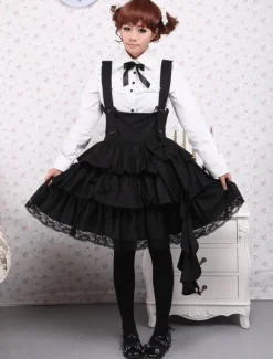 Cotton White Long Sleeves Blouse And Black Ruffles Lolita Skirt Outfit