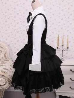 Cotton White Long Sleeves Blouse And Black Ruffles Lolita Skirt Outfit