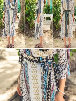 Cover Ups Belted Shaping Sash 3/4 Length Sleeves Patchwork V-Neck Sexy Cyan Blue Summer Beach Swimwear