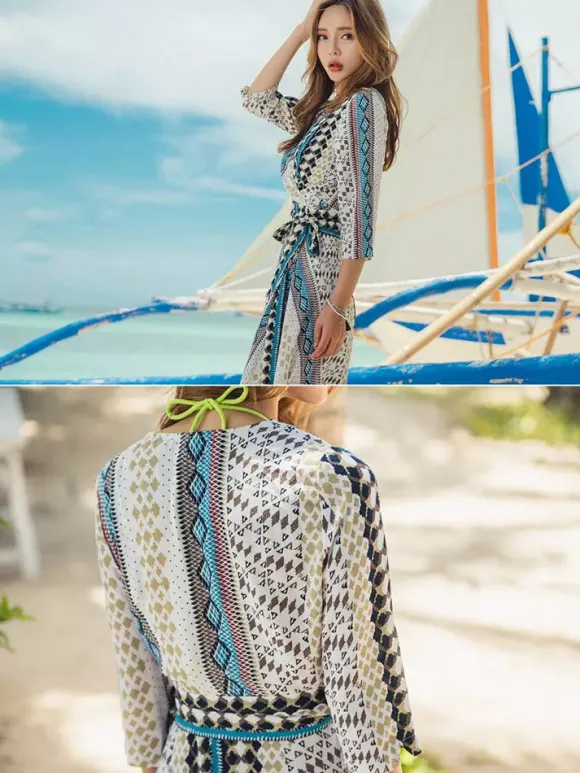 Cover Ups Belted Shaping Sash 3/4 Length Sleeves Patchwork V-Neck Sexy Cyan Blue Summer Beach Swimwear