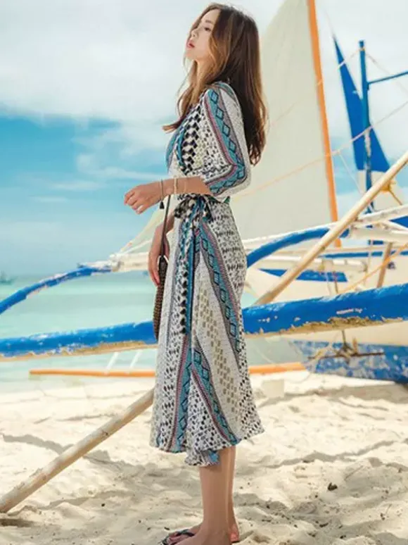 Cover Ups Belted Shaping Sash 3/4 Length Sleeves Patchwork V-Neck Sexy Cyan Blue Summer Beach Swimwear
