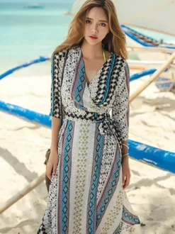 Cover Ups Belted Shaping Sash 3/4 Length Sleeves Patchwork V-Neck Sexy Cyan Blue Summer Beach Swimwear