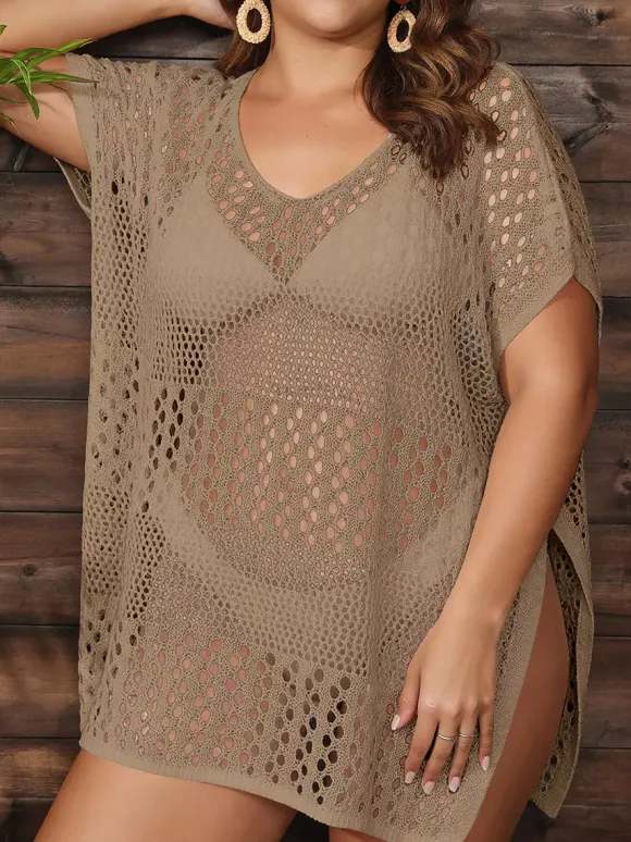 Cover Ups For Women Khaki Knitted Short Sleeves Summer Sexy Bathing Suits