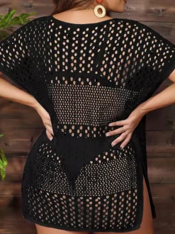 Cover Ups For Women Khaki Knitted Short Sleeves Summer Sexy Bathing Suits
