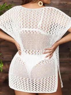 Cover Ups For Women Khaki Knitted Short Sleeves Summer Sexy Bathing Suits