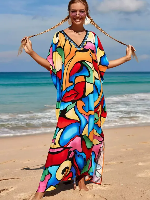 Cover Ups Maxi Dresses Oversized Half Sleeves Printed V-Neck Batwing Sleeves Athletic Red Summer Beach Swimwear