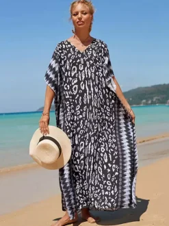 Cover Ups Maxi Dresses Oversized Half Sleeves Printed V-Neck Batwing Sleeves Athletic Red Summer Beach Swimwear
