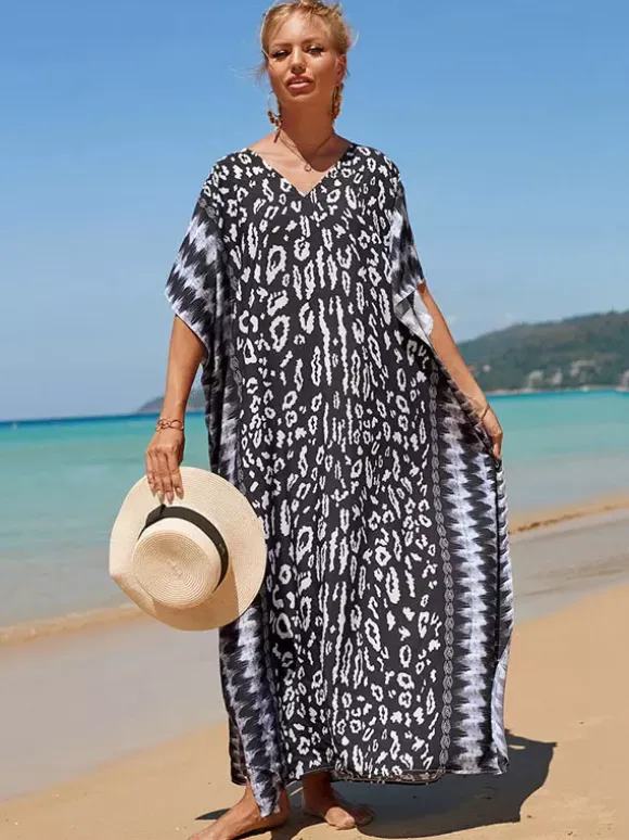 Cover Ups Maxi Dresses Oversized Half Sleeves Printed V-Neck Batwing Sleeves Athletic Red Summer Beach Swimwear